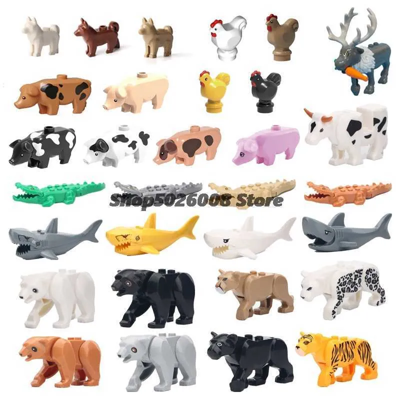 Farm Animals Chickens Dogs Pigs Cows Sheep Jungle leopards Tiger Bears Marine Sharks Crocodile Building Block Toy Child Gift MOC