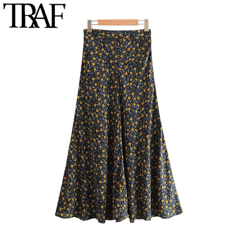 Frauen Fashion Floral Print Plissee Midi Rock Vintage Hohe Taille Seite Zipper Weibliche Röcke Mujer 210507