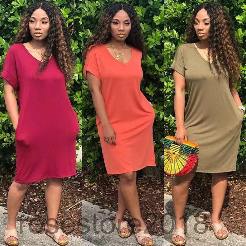 Compra Mujeres Sueltas Vestidos Cómodos 2021 Verano Diseñador De Mujer Moda  Simple Color Sólido Sólido Con Cuello En V Manga Corta Vestido De Longitud  Media Barato | Entrega Rápida Y Calidad | Es.Dhgate