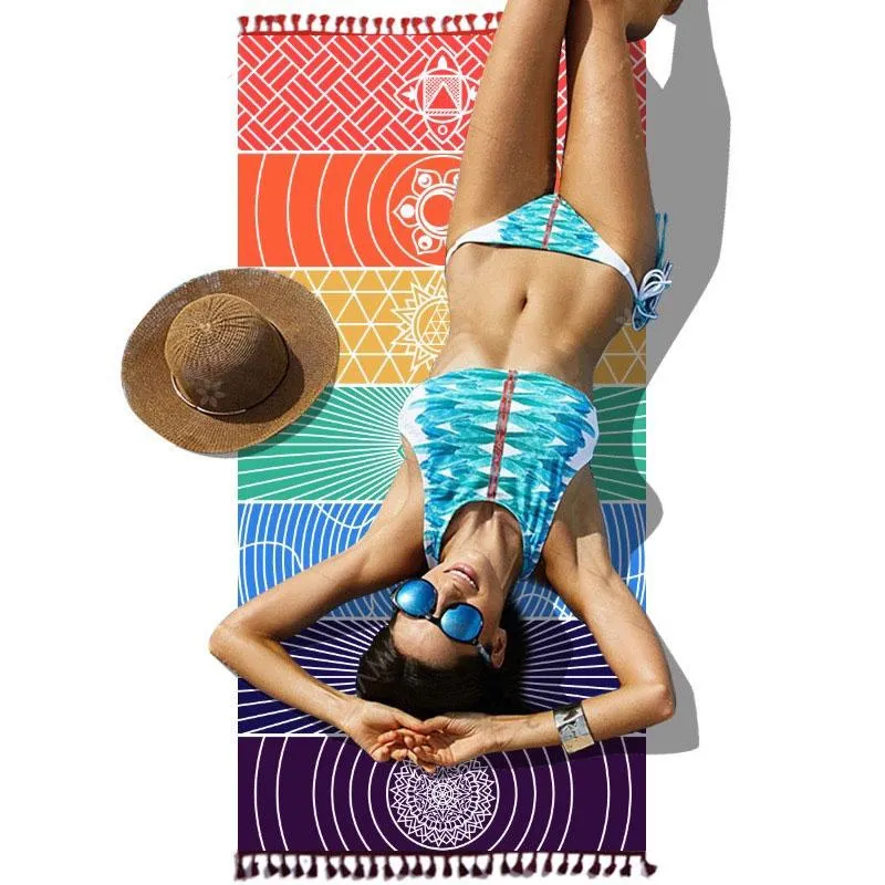 Coperta con nappe Coperte da spiaggia Singolo arcobaleno Chakra Arazzo Asciugamano Mandala Boho Stripes Stampa Viaggi Yoga Tappetino da campeggio