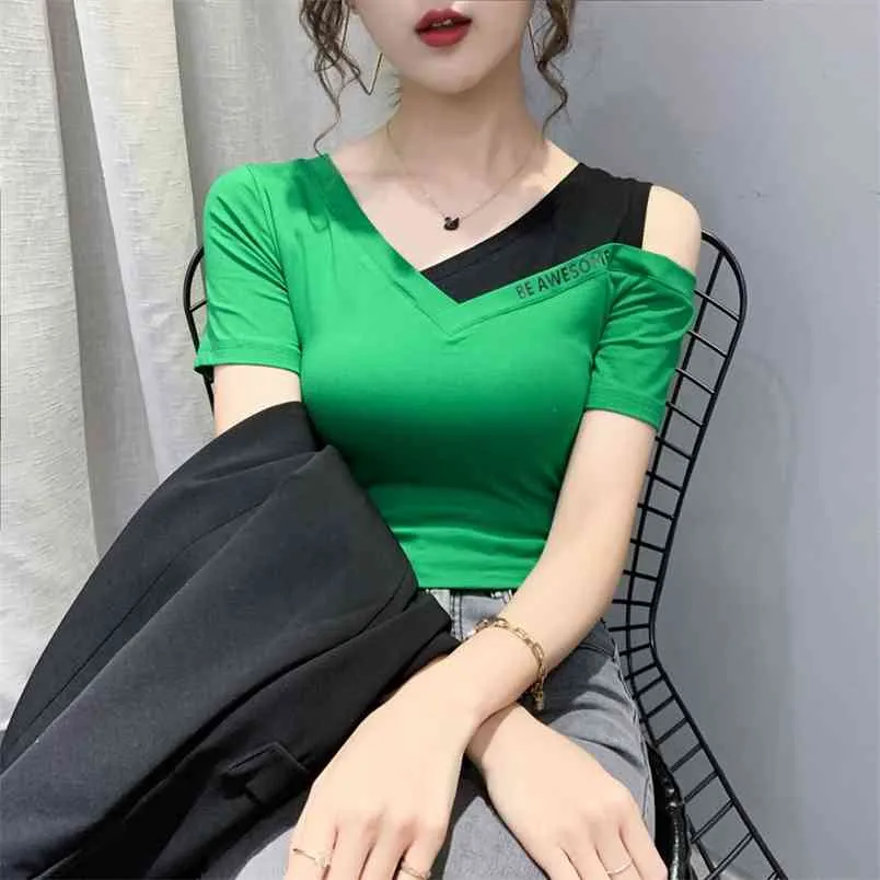 Barco das mulheres pescoço manga curta t-shirt sexy fino moda skew collar meio pequeno camisa pequena coreana fêmea tops pl006 210506