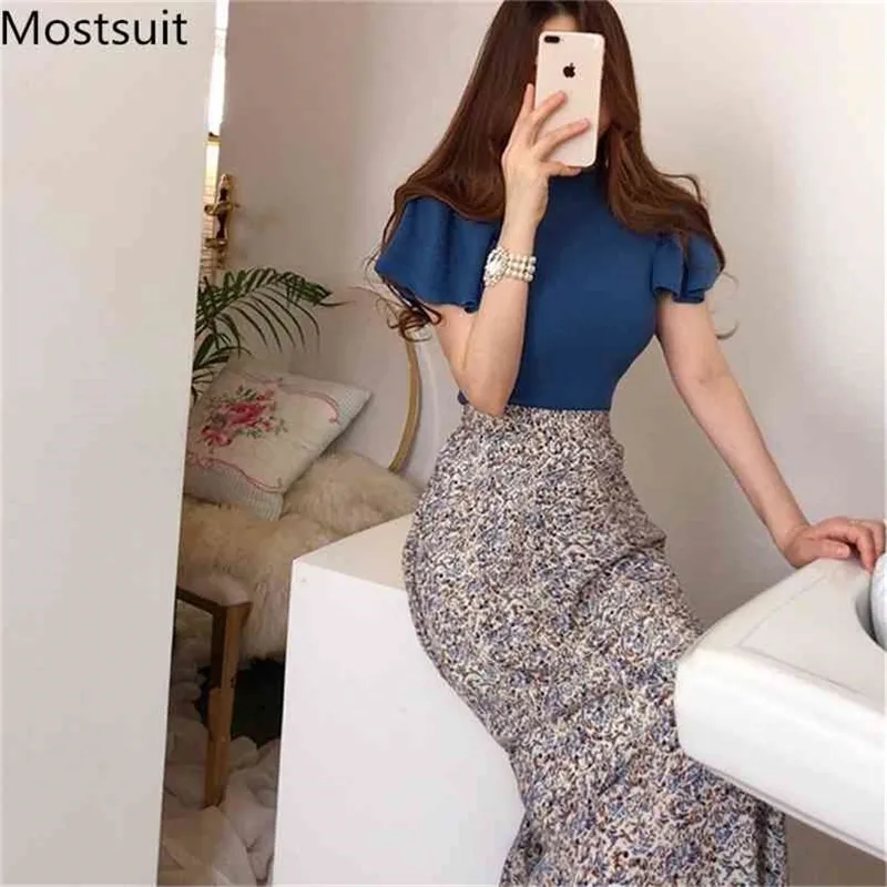 Sommar koreanska mode två stycken kjol sätter kvinnor blå stickade toppar + elastisk midja tryckta långa vintage eleganta kostymer 210513