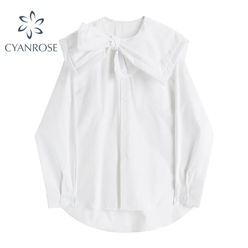 Sommar peter pan krage vit skjorta kvinnor eleganta koreanska kläder vintage långärmad avslappnad söt lolita tjej blouses toppar 210515