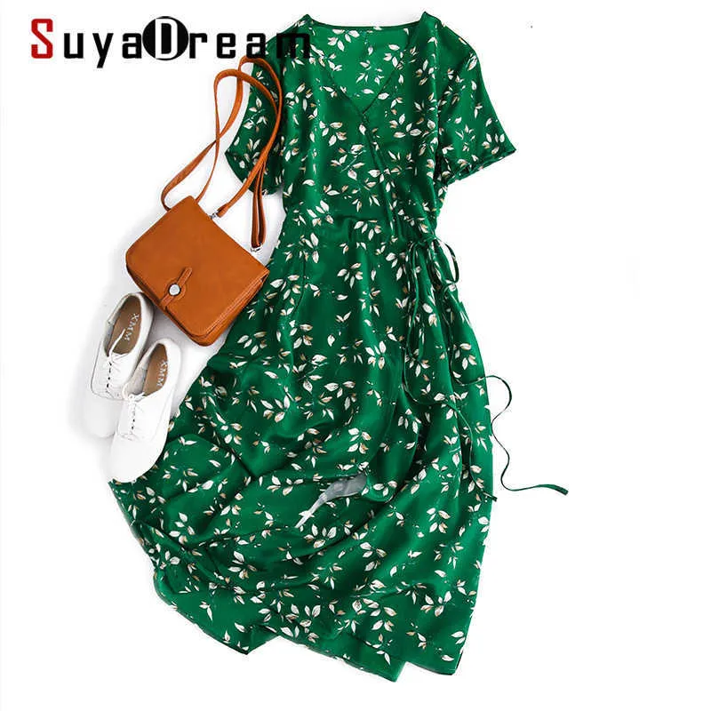 Suyadream Woman Green Floral Silk Dress 100% Silk Print V Neck Sashes Wrap Beach Dress Lato Midi Sukienki Vestidos 210603