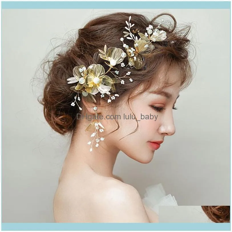 Hair Clips & Barrettes Beauty Gold Metal Flower Clip Bridal Side Golden Beads Wedding Style Bride Accessories