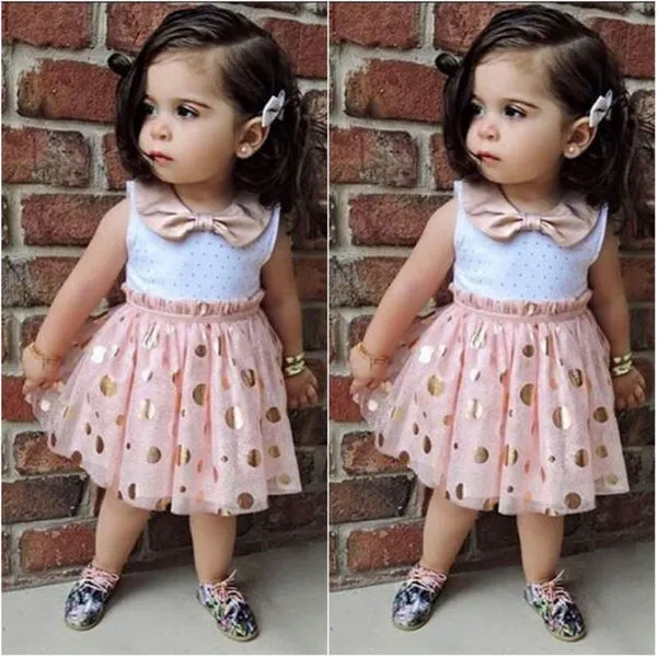 Ny sommar söt baby barn flickor prinsessa slips rosa polka dot sequins tulle tutu casual sommar enstycken klänning q0716