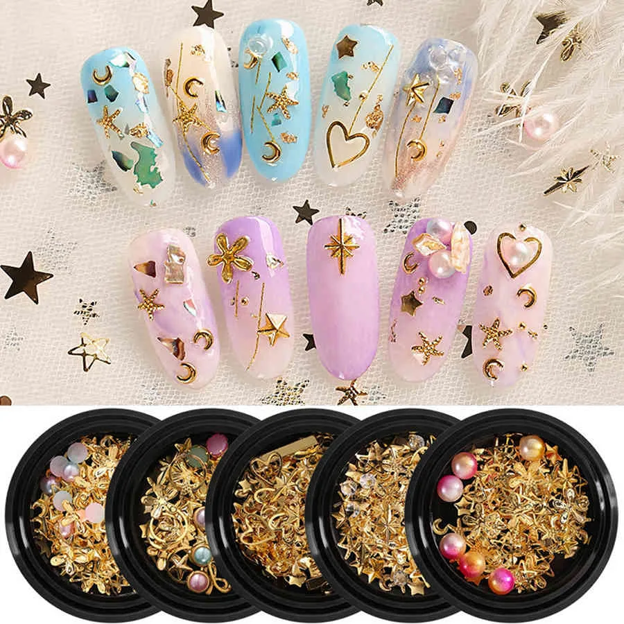 3D Metal Rebites Nail Art Moda DIY Studs Redondo Moon Nails Art Decoração Pérola Adesivos Manicure Acessórios 6styles