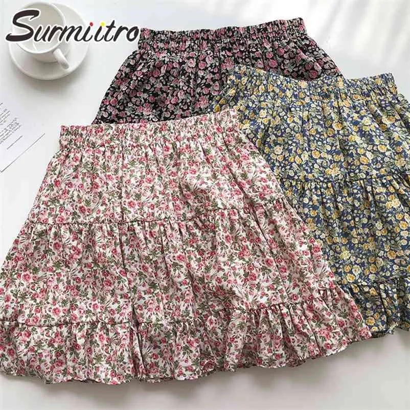 Sommer Mini Röcke Frauen Koreanischen Stil Floral Rüschen Ästhetische Hohe Taille Falten Rock Weibliche Shorts Futter 210421
