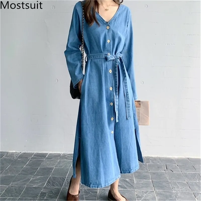 Korean Fashion Blue Denim Long Denim Dress with V-Neck, Lace-Up Bow Detail and Single Breasted Skirt for Women - Vestidos Mujer 210513