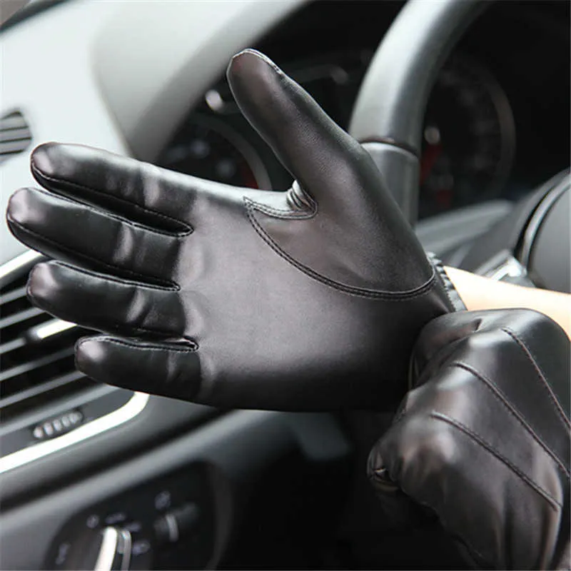 Long Keeper Fashion Black PU Leather Gloves Male Thin Style Driving Leather Men Gloves Non-Slip Full Fingers Palm Touchscreen H0818