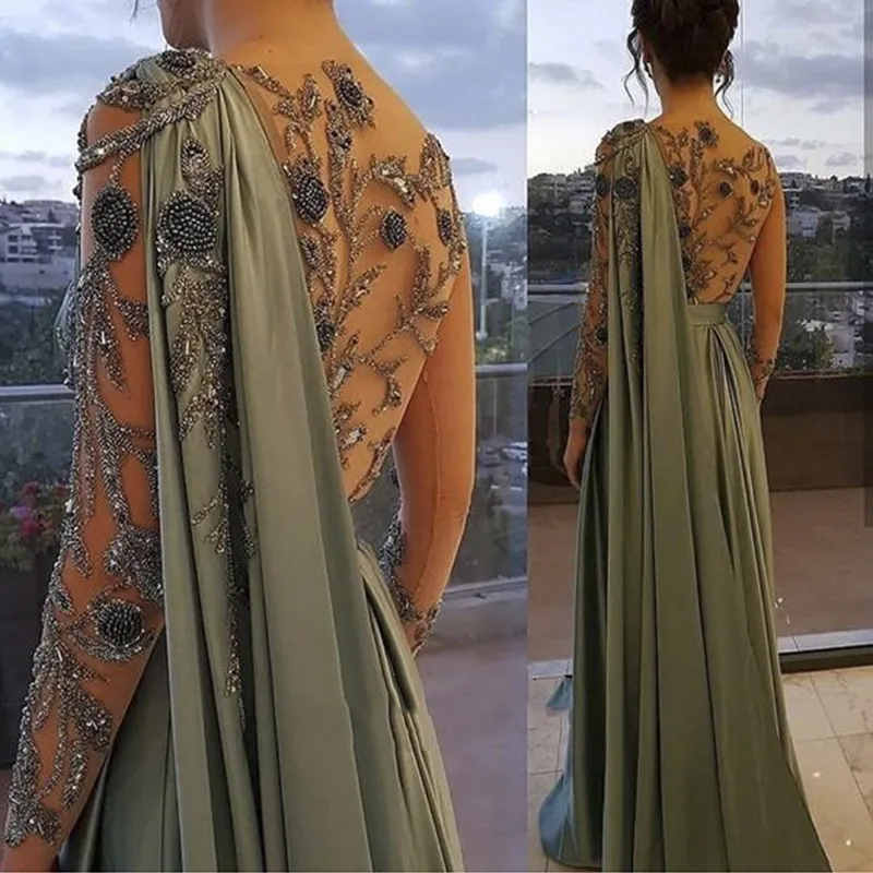 Arabic Olive Green Muslim Evening Dresses with Cape Long Sleeves 2022 Indian Beaded Crystal Floral Dubai Kaftan Prom Dress