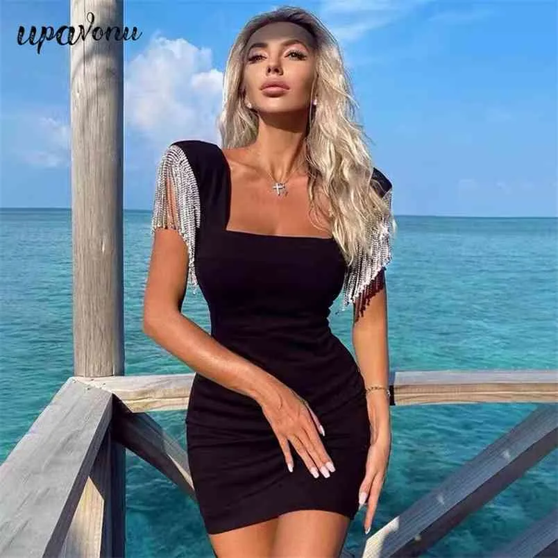 Free Fringe Diamond Bandage Dress Women Summer Square Neck Sleeveless Bodycon Mini Celebrity Club Party Vestidos 210524