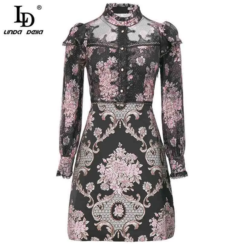 Été Femmes De Luxe Jacquard Robe Piste Mme Élégant À Manches Longues Dentelle Broderie Fleur Imprimer Vintage Mini 210522