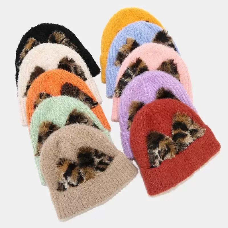 2021 Moda Leopar Baskı Kedi Kulak Skullies Beanies Kış Sıcak Örme Şapka Kadınlar Için Faux Kürk Bonnets