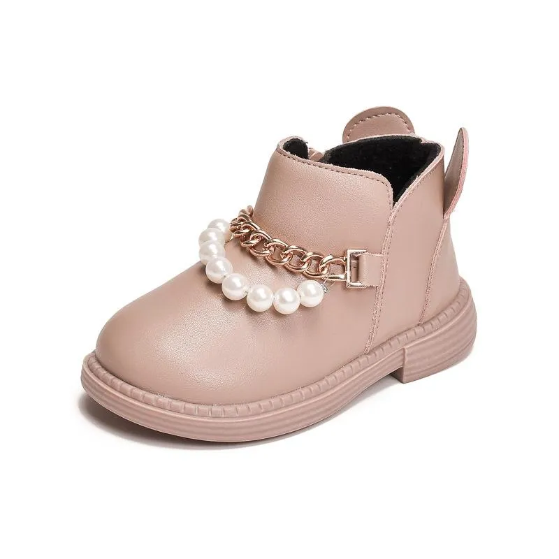 Laarzen metalen ketting mode parel meisjes enkel pu lederen effen kinderen schoenen 2021 herfst winter zacht anti slip kinderen prinses boot