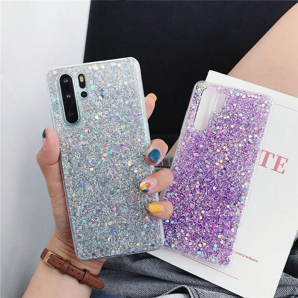 Luxury Glitter Bling Phone Fodraler för Huawei P40 P30 P20 Lite Pro Mate 30 20 Pro Lite Soft Epoxy Ljus glänsande baksida