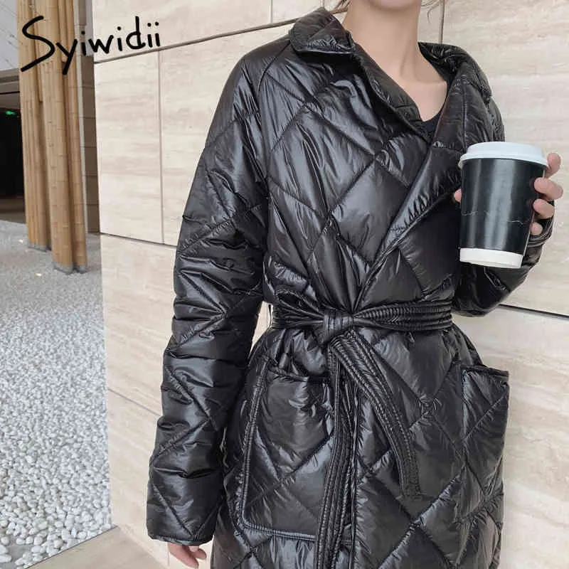Syiwidii ​​lange parka vrouwen lente kleding jas breed-getailleerde zwarte beige argyle Koreaanse mode winddicht Harajuku jas 210417