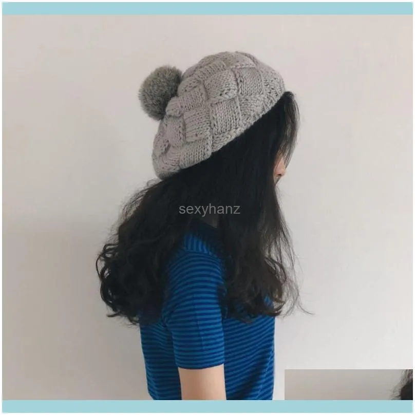 Hand knit Wool hat women autumn winter Korean fashion cute art beanies hat British Knitted with fur ball