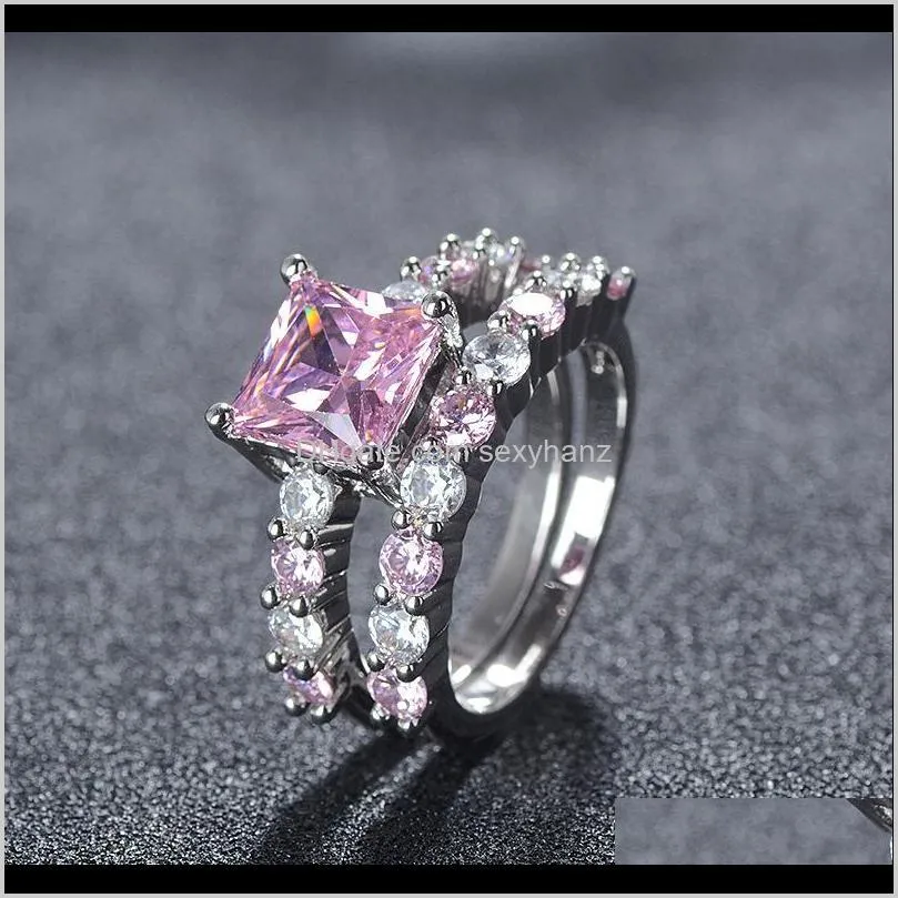 2020 new luxury pink princess 925 sterling silver wedding ring set for women lady anniversary gift jewelry wholesale r5173