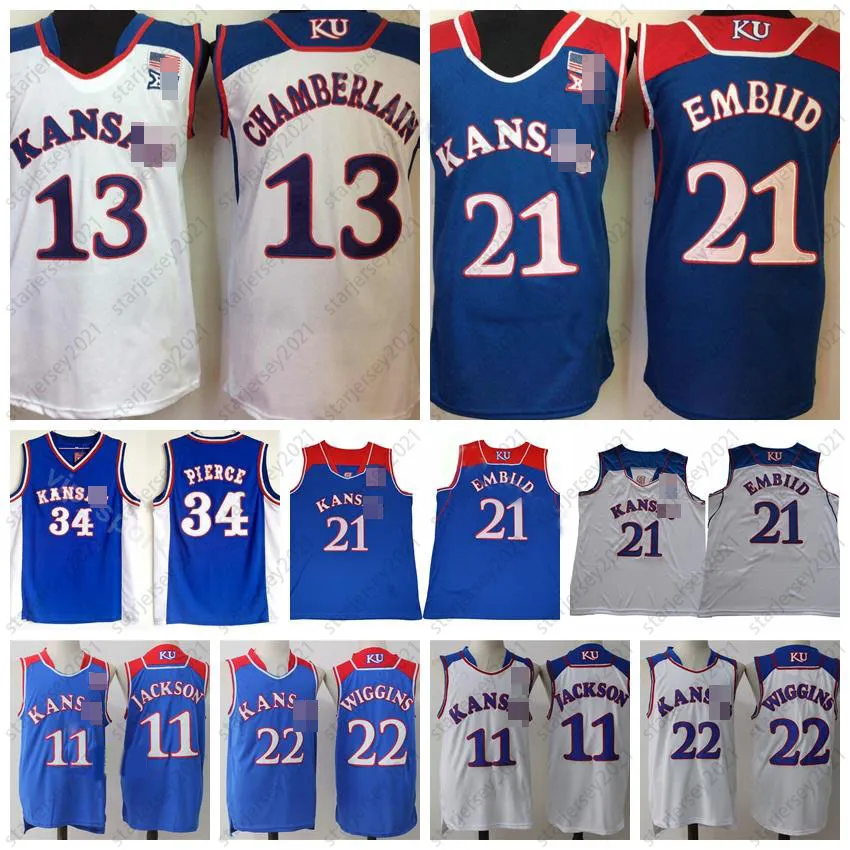 Kansas Jayhawks Wilt Chamberlain Jersey 13 Men College Joel Embiid 21 Paul Pierce 34 Andrew Wiggins 22 Josh Jackson 11 University Blue White