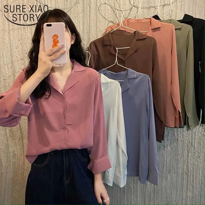 Korean Loose Drape Fashion Suit Collar Long Sleeve Chiffon White Shirts Women Spring And Autumn Pink All-match Tops Blouse 12201 210415