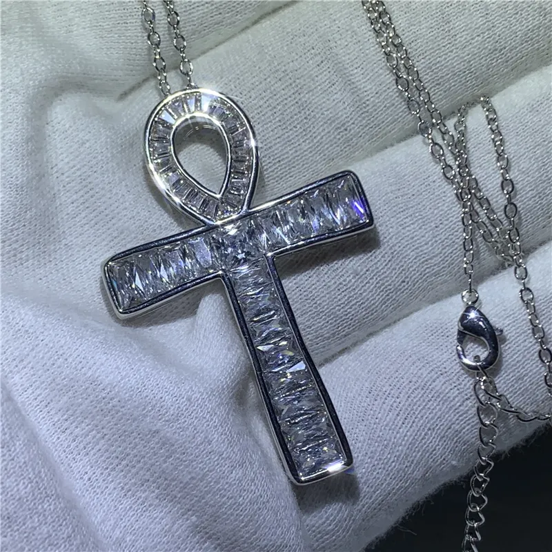 Sterling Silver Ankh Cross Pendant Necklace With 5A CZ Stones
