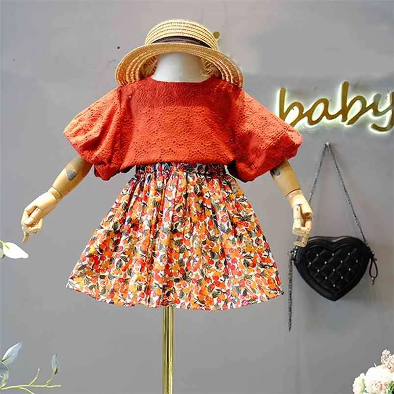 Summer Girls' Clothing Sets Korean Lace Hollow Tops+Floral Short Skirt Outfits Suit Princess Toddler Baby Kids Children Clothes 210625