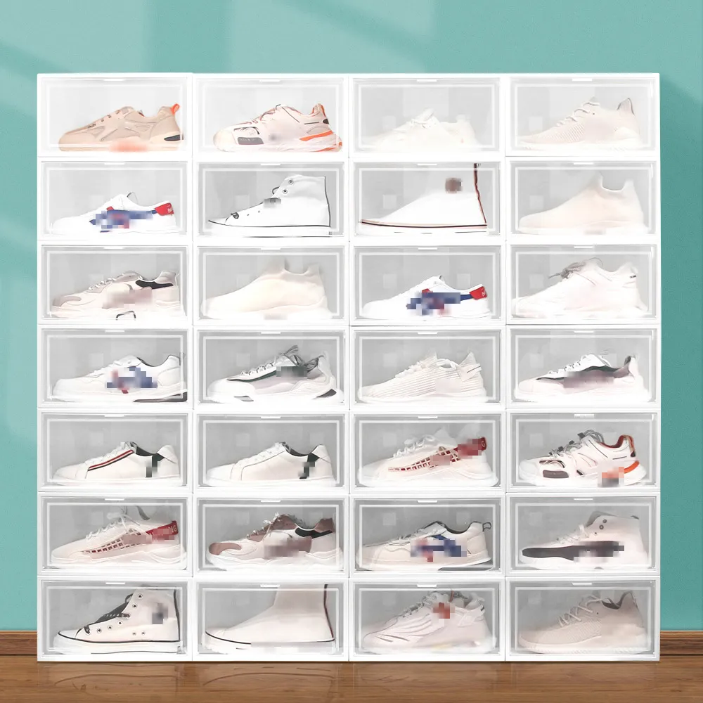 Boîte à chaussures multicolores claire Stockage pliable Plastique Transparent Organisateur Home Organisateur Empilable Affichage superposé Chaussures de combinaison Conteneurs Boîtes Cabinet JY0532