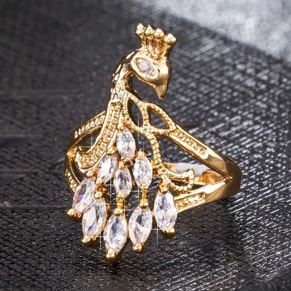 Урожай Boho Big Peacock Ring Gold для женщин Мода Заявление Ювелирные Изделия Австрий Кристалл Кольца Золотой Цвет Пальца Глабры X0715