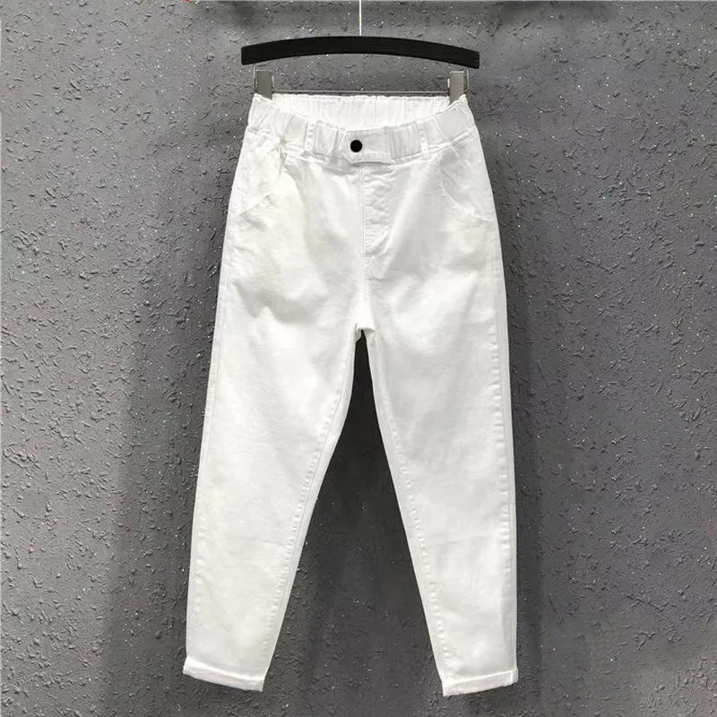Tasarımlar 3XL Kore Tarzı Sonbahar Bahar Bayan Harem Pantolon Rahat Pamuk Kot Elastik Bel Sarı Beyaz Denim Capri Pantolon