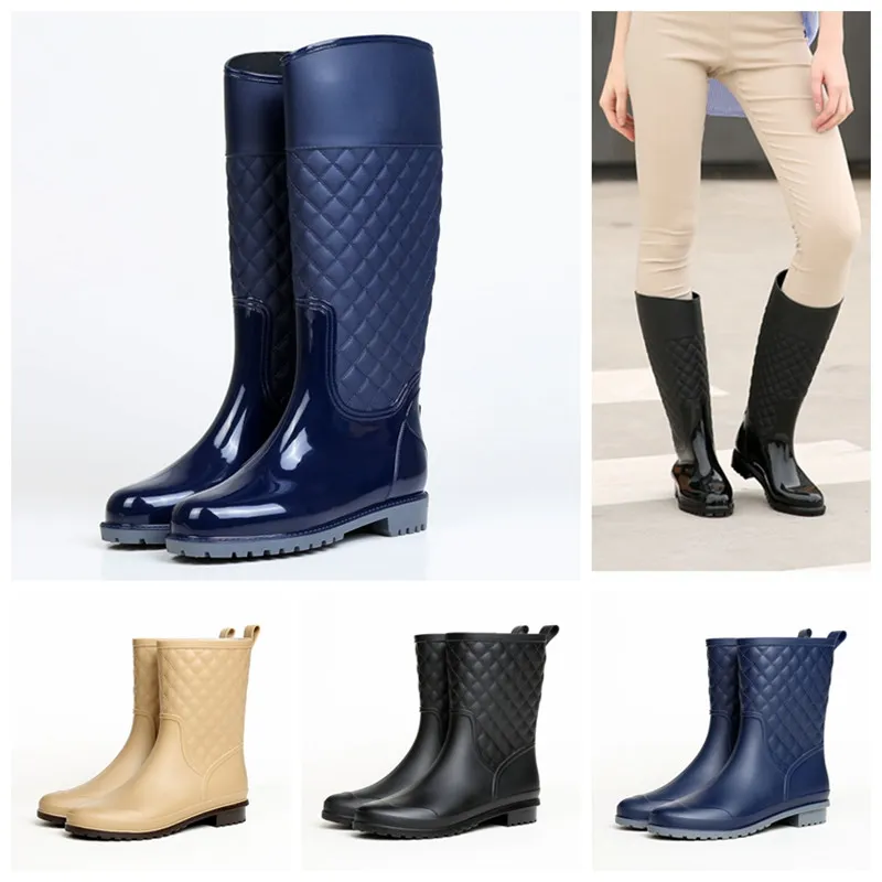 PVC-Damen-Regenstiefel, hohe, rautenförmige, gitterförmige, wasserdichte Wasserschuhe, rutschfeste Klassiker, Bow Flats, regenfeste Mittelrohr-Regenstiefel, verdickte Regenstiefel