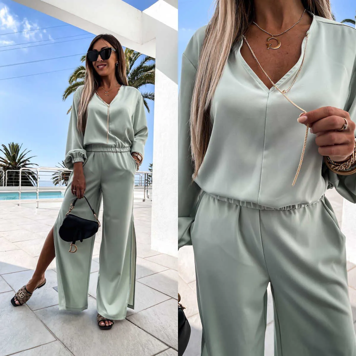 Tuta da donna Summer Chiffon Soft Crop top + Pantaloni Tute Solid Mujer Lady Suit Loose Split Set outfit Vetement Femme 2021 Y0625