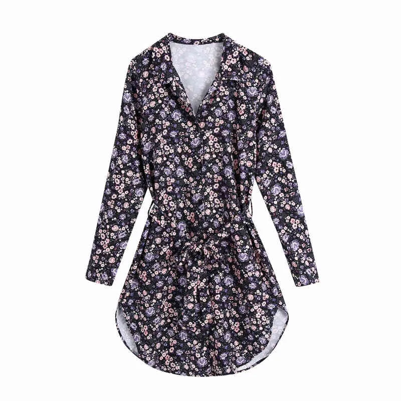 Vintage Woman Purple Printed V Neck Sashes Shirt Dress Spring Elegant Ladies Soft A-Line es Female Chic Pleated 210515