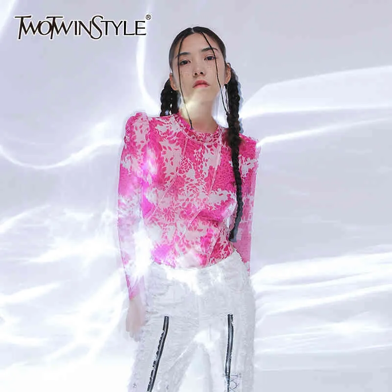 TWOWINSYLE Camicia con stampa casual per donna Colletto alla coreana Manica lunga Maglia irregolare Camicie Donna Moda estiva Elegante 210524
