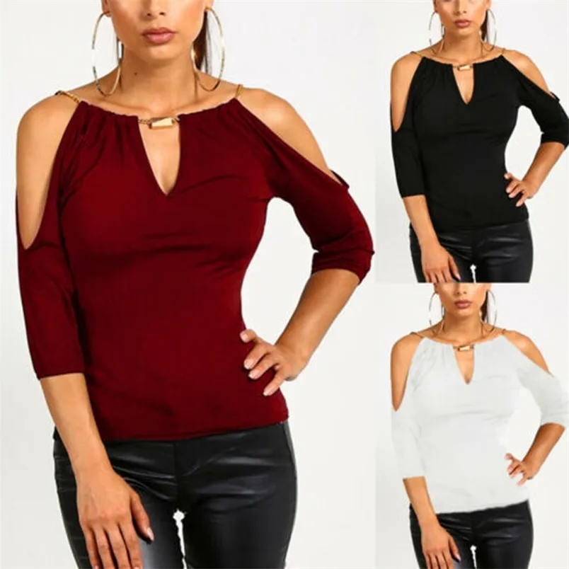 Kvinnor T-shirt Off-the-Shoulder Chain Solid Färg Lång Vanlig Ärm Slim Montering Elegant Fashion Top 210522