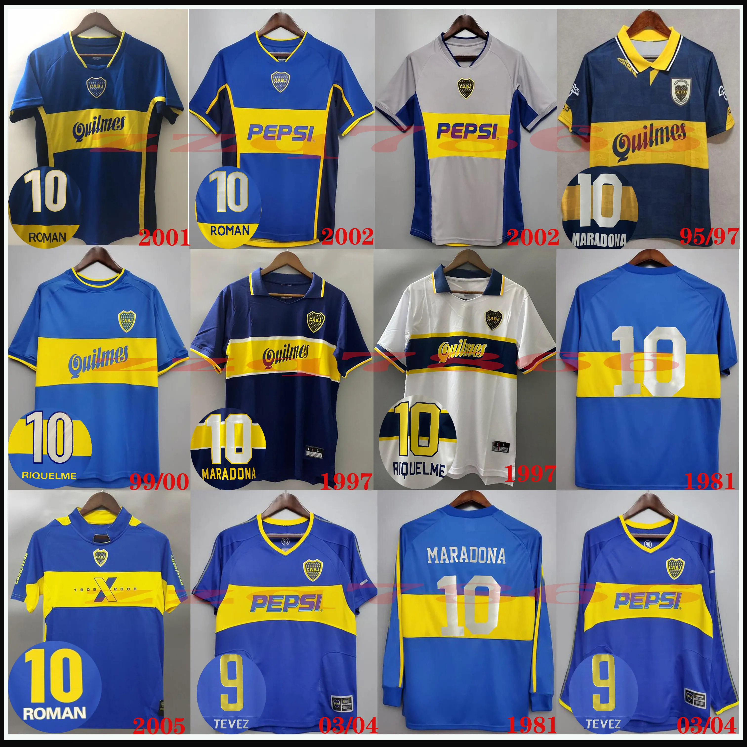 1981 Boca Juniors Retro Maradona Soccer Jersey ROMAN Riquelme Caniggia PALERMO 94 97 99 00 02 03 05 chemise de football classique à manches courtes