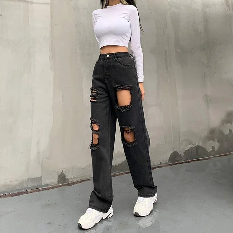 Vintage Black Ripped High Waisted Jeans For Women Baggy Boyfriend Pants  With Straight Leg And Frayed Design Perfect For Teen Girls And Denim Jeans  Trousers For Ladies From Xinpiao, $26.65