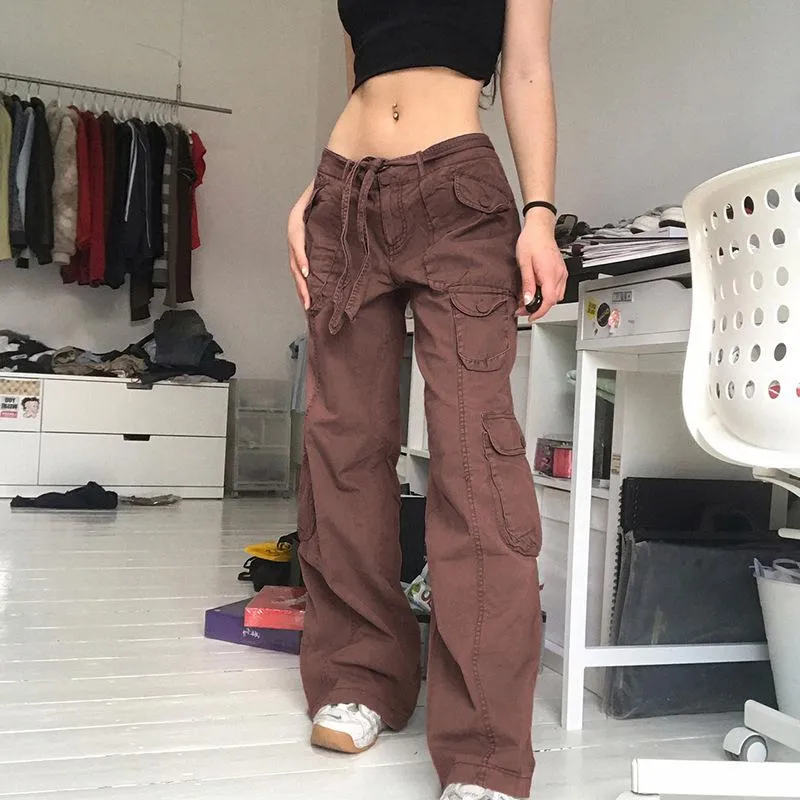 Pantalon Femme Capris Harajuku Cargo Jeans Grandes Poches Pantalon Vintage Taille Basse Grunge Fairycore Joggers Mode Pantalon De Jogging Académique Wo