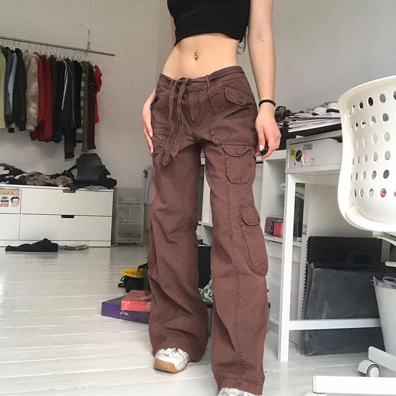 Calças femininas capris harajuku carga jeans grandes bolsos calças vintage baixa cintura cintura grunge feirascore corredores moda academic sweatpants wo