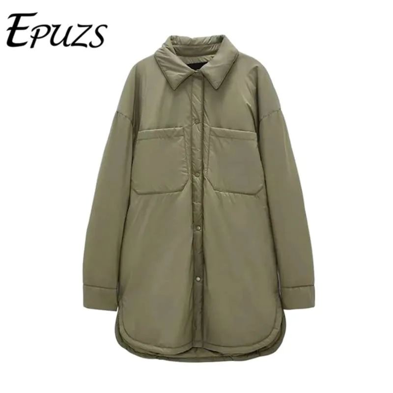 Winter Fashion Arrival Turn Down Collar Long Sleeve Shirt Coats Black Green Women Parkas With Pockets Mujer Solid Jackets 210928