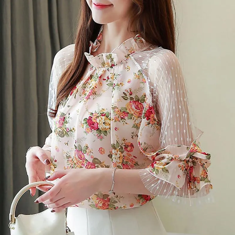 Off Shoulder Women Spring Summer Style Chiffon Blouses Shirts Lady Casual Stand Collar Flower Printed Blusas Tops ZZ0817 Women's &