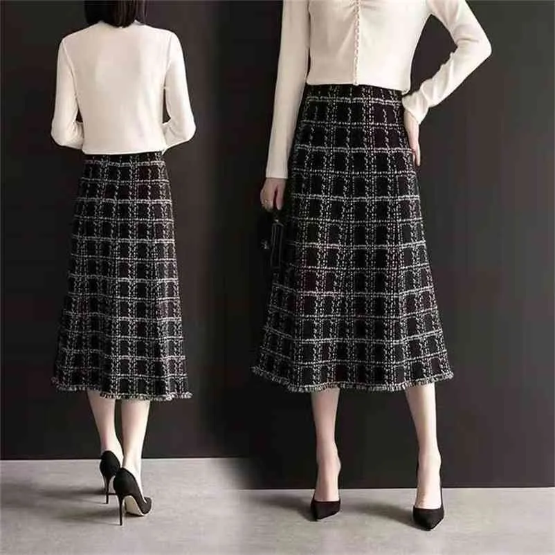 Vintage Winter Black Plaid Tweed Skirt Women Midi Long High Waist A-line Knitted Office Ladies Plus Size Slim Work Clothes 210421