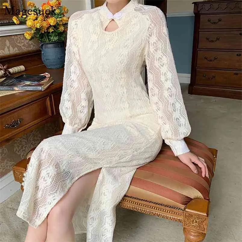 Primavera Elegante abito di pizzo Donna Cheongsam Split es per Party Manicotto a sbuffo Vintage lungo femminile Abiti 12764 210512