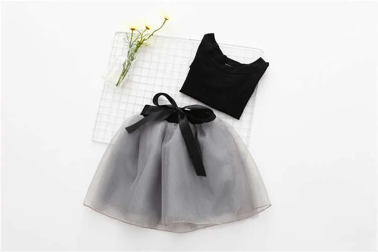  Summer 2-10 Years Teenager Kids Girl Birthday Party Elegant Princess Solid Colour Bow T Shirt+Lace Skirt 2 Piece Dress Sets (9)