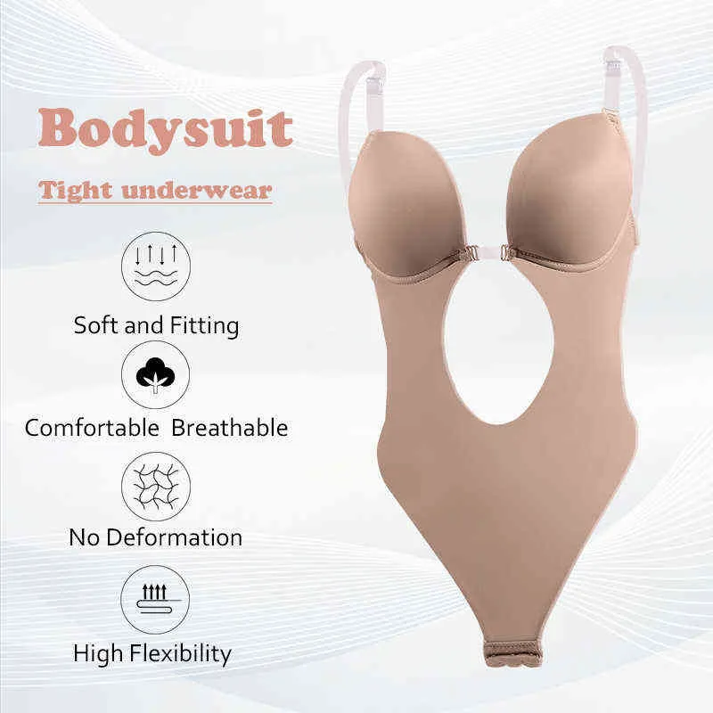 Women's Backless Bra Body Shaper Deep V Bodysuit Thong Convertible