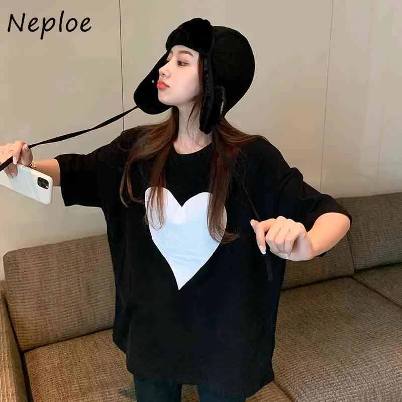 Neploe Hit Color Patchwork Wzór Serca T Shirt Kobiety O Neck Sweter Krótki Rękaw Tees Wiosna Lato Luźne Damskie Top 210510