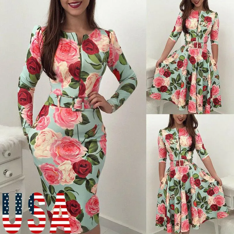 캐주얼 드레스 여성 여름 Boho 꽃 무늬 긴 소매 맥시 드레스 파티 해변 Sundress 미국