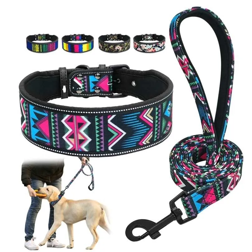 Soft Nylon Dog Collar And Leash Set Reflective Padded Fashion Printed Adjustable Pet s For Medium Large s 211022