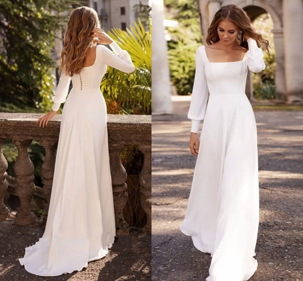 Einfaches Hochzeitskleid Vestido De Noiva Modest Square Neck Long Sleeves Braut Kleider A-Linie Plus Size Hochzeitskleider