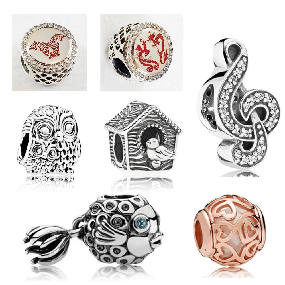 Memnon Jewelry 925 Sterling Silver Spring Bird House Charm Charming Owls Charms Musica Clef Bead Lucky Fish Happy Dragon Beads Fit Bracelets DIY For Women